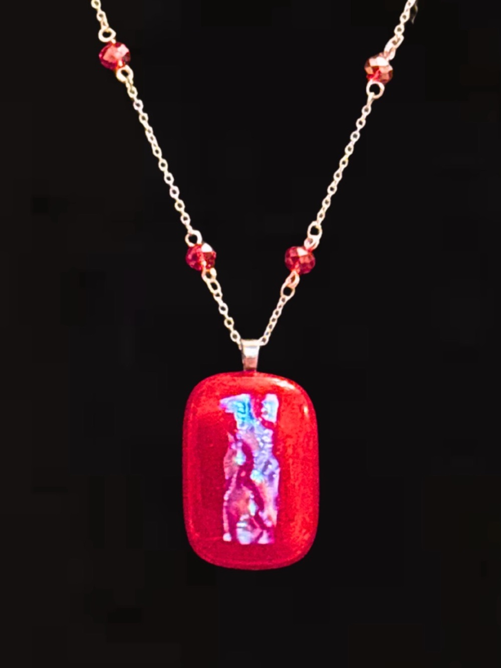 Red Dichroic Glass Pendant And Crystal Beased Necklace - Women Jewelry